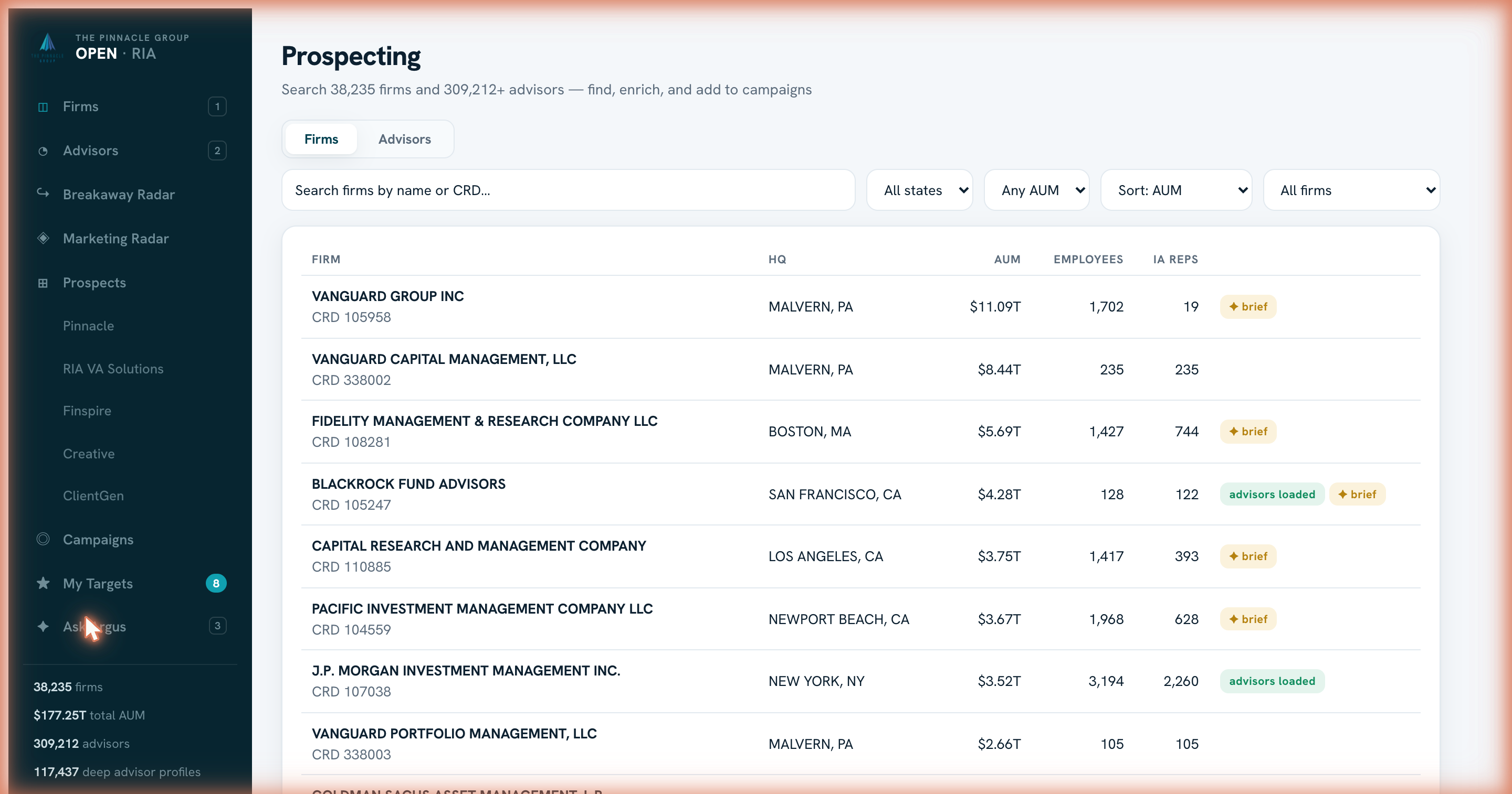 OPEN prospecting terminal: searchable table of RIA firms with AUM, employees, and brief status