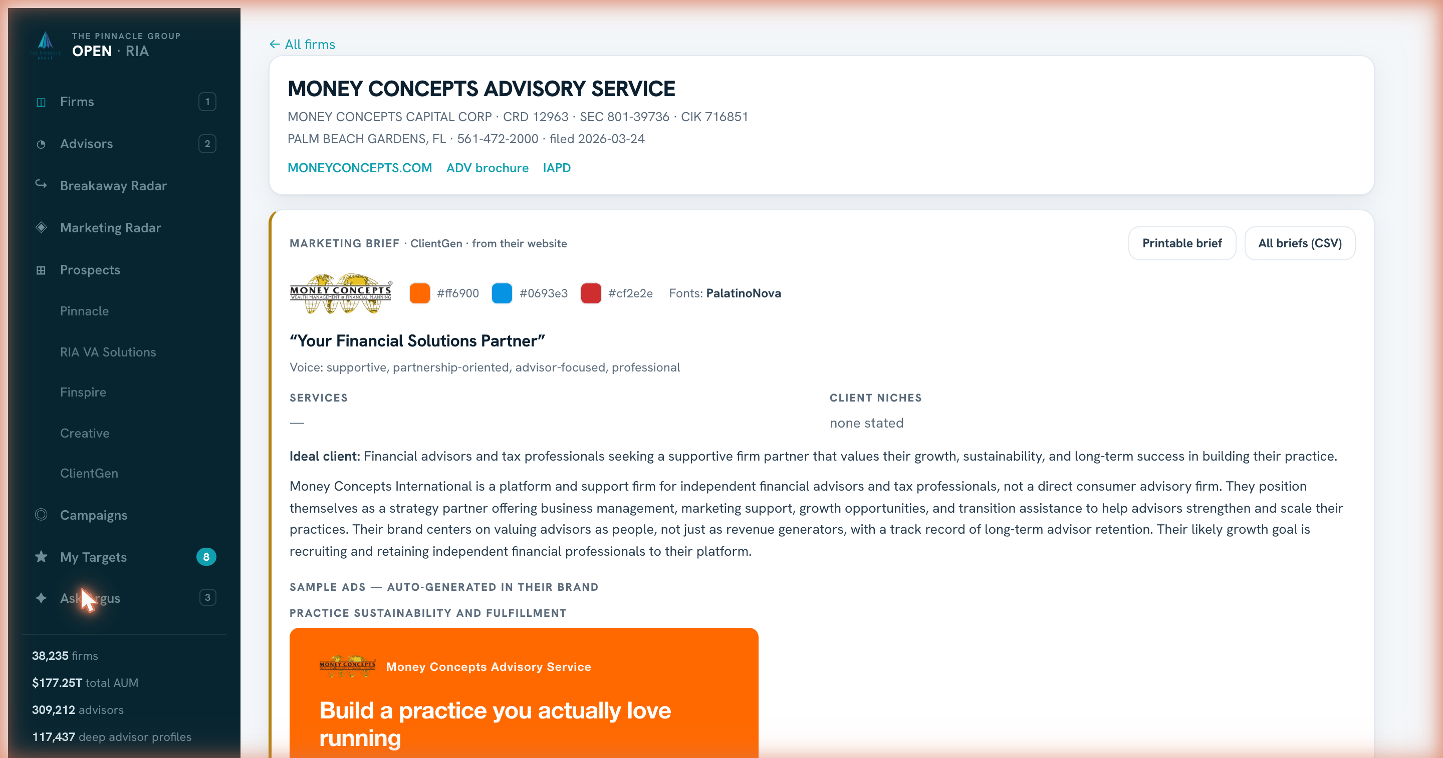 OPEN firm detail: dossier, marketing brief, and sample ads in the firm's brand